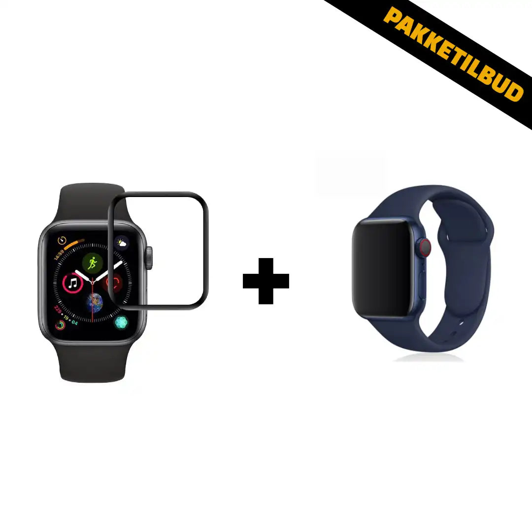 Apple Watch blå sportsrem og skærmbeskyttelse samlet