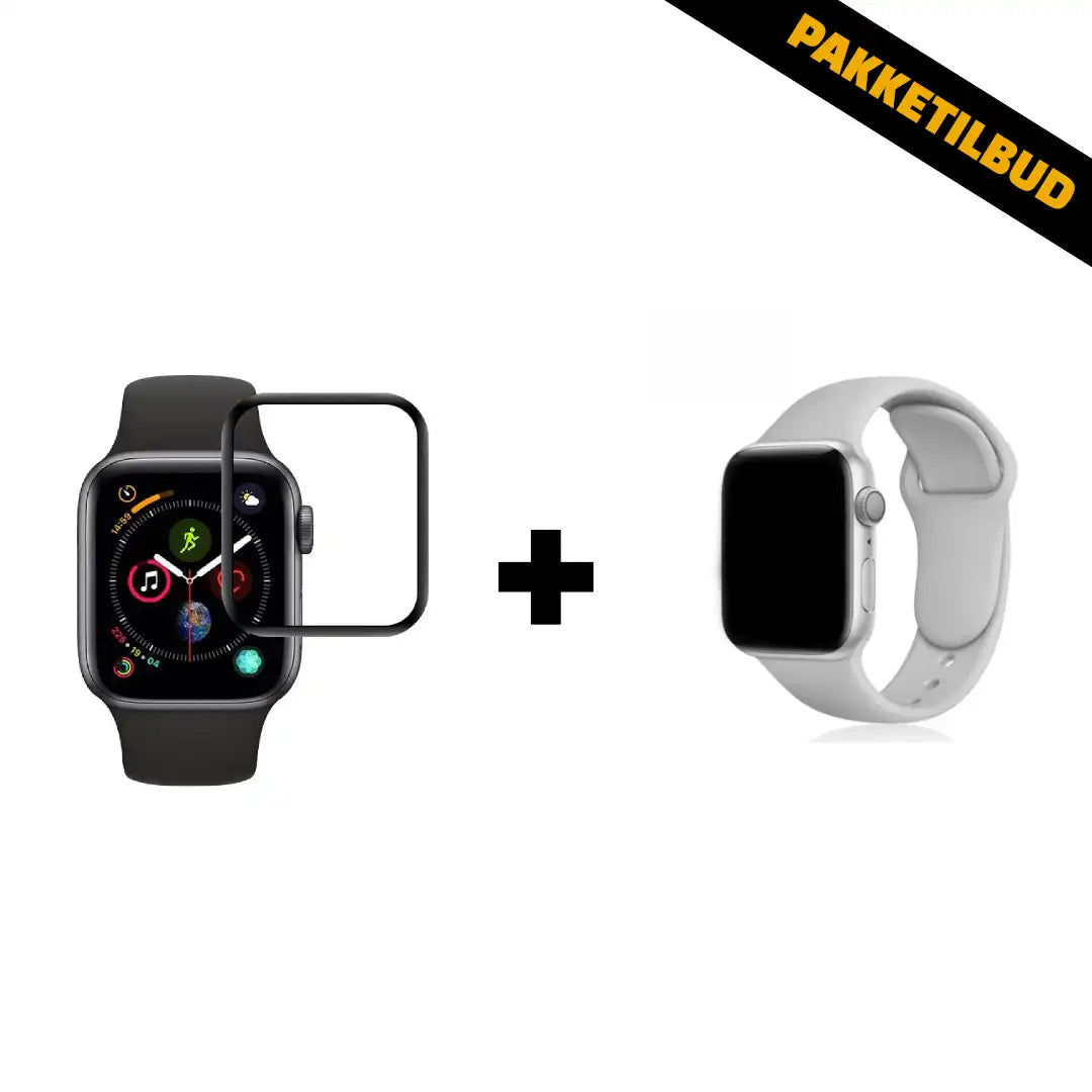 Apple Watch hvid sportsrem og skærmbeskyttelse samlet