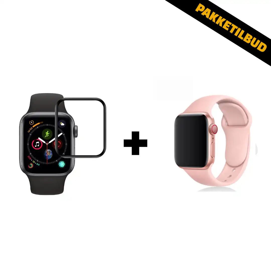 Apple Watch pink sportsrem og skærmbeskyttelse samlet