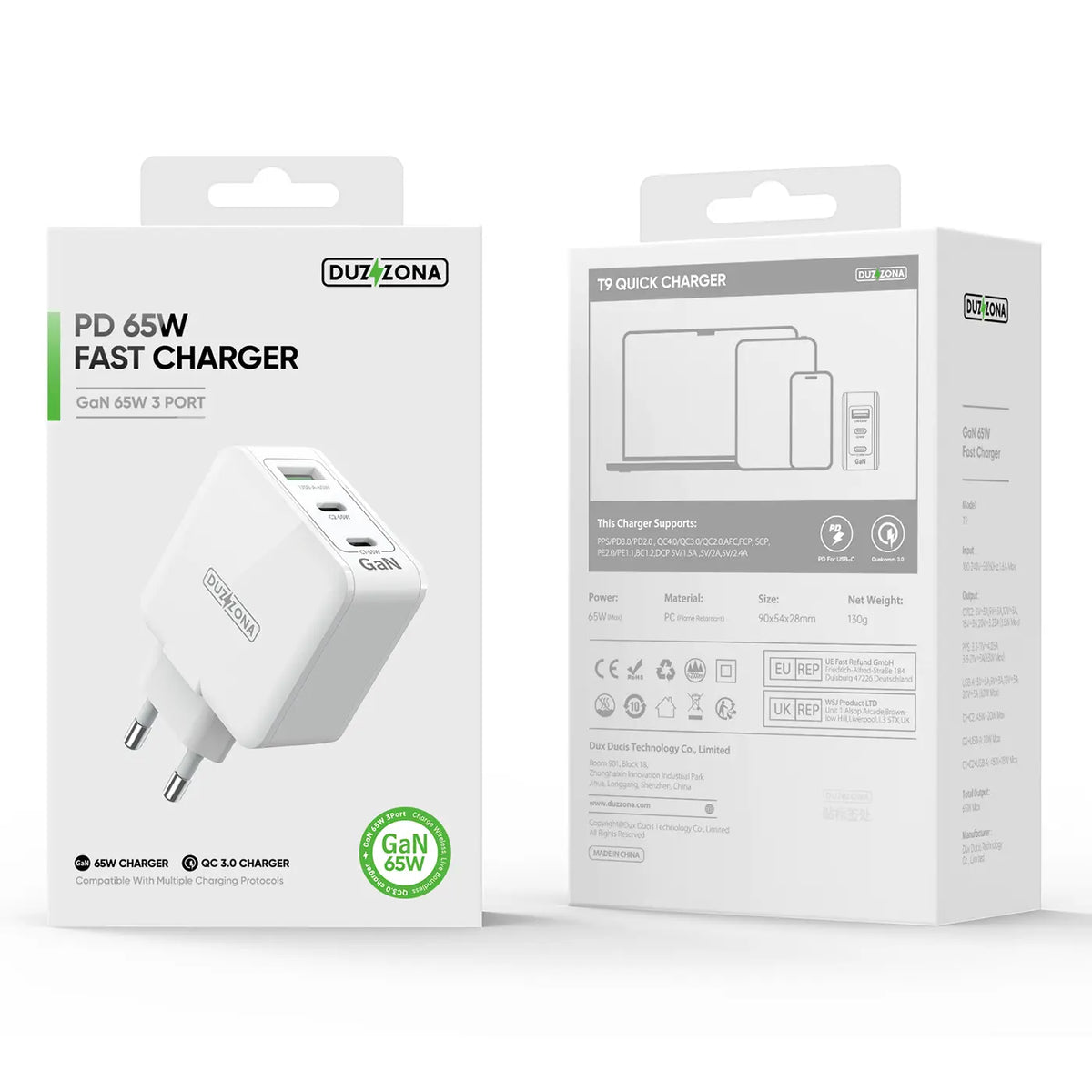 Original emballage til Duzzona 65W Fast Charger med specifikationer