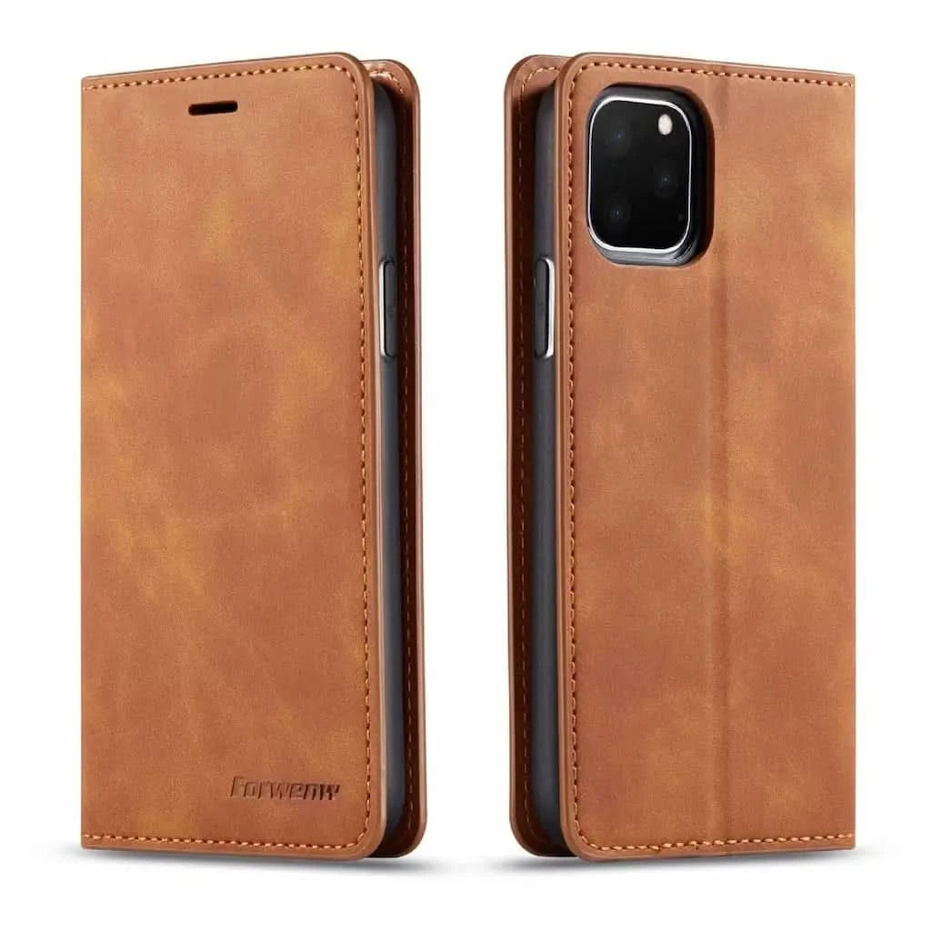Magnetisk flip cover til iPhone – brun, forside og bagside