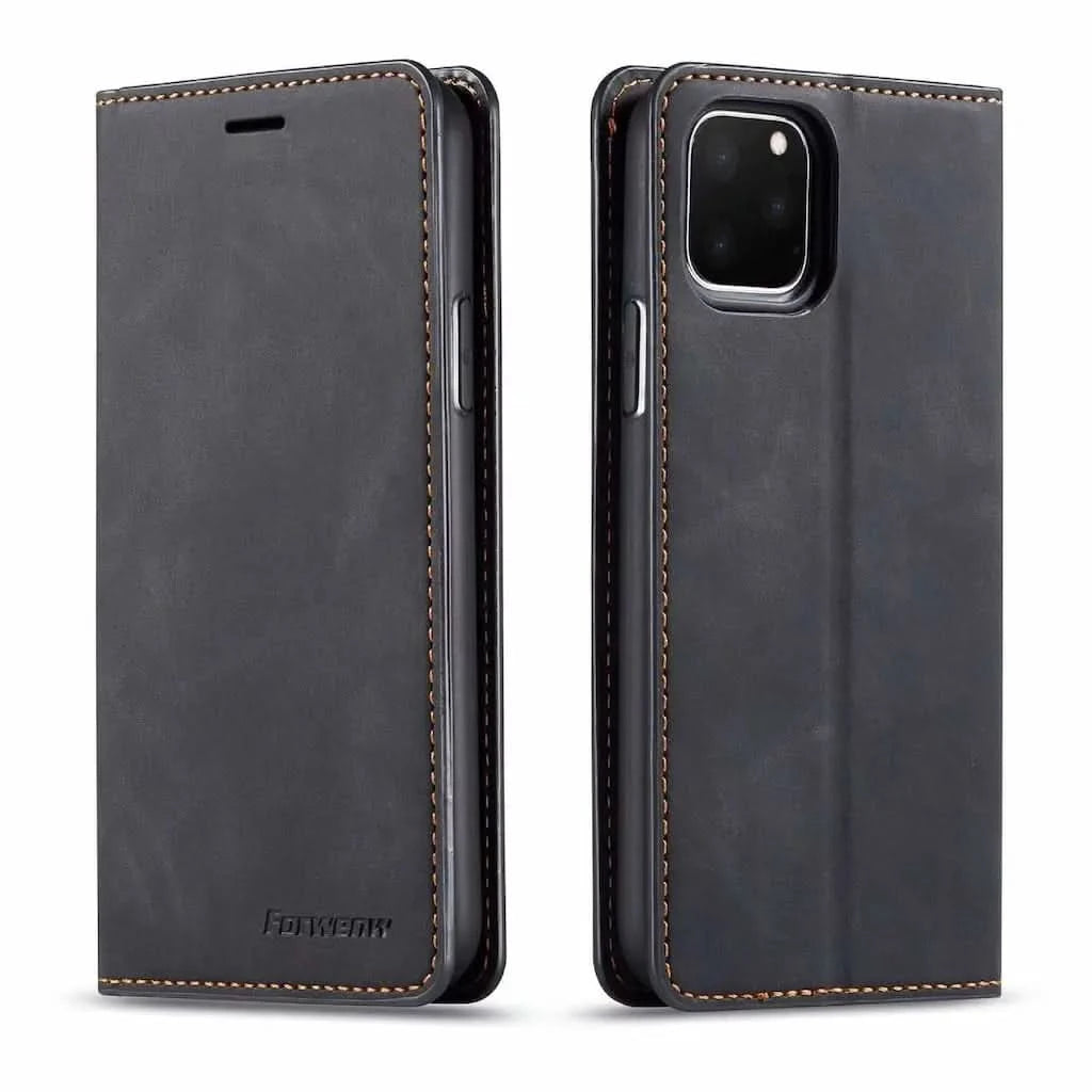 Magnetisk flip cover til iPhone – sort, set forfra og bagfra