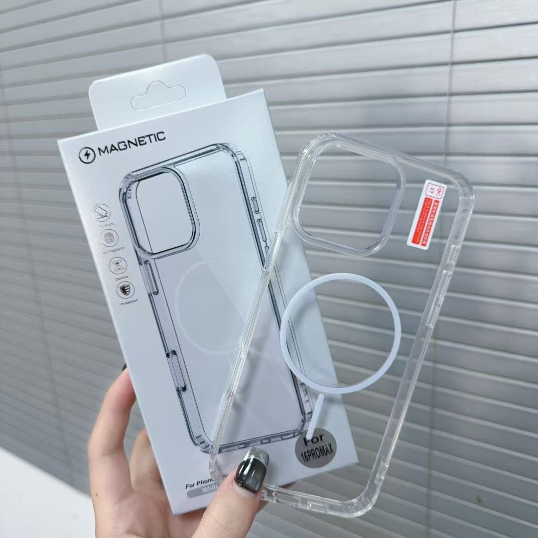 MagSafe iPhone cover – transparent med hvid ring og original emballage, holdes i hånden.