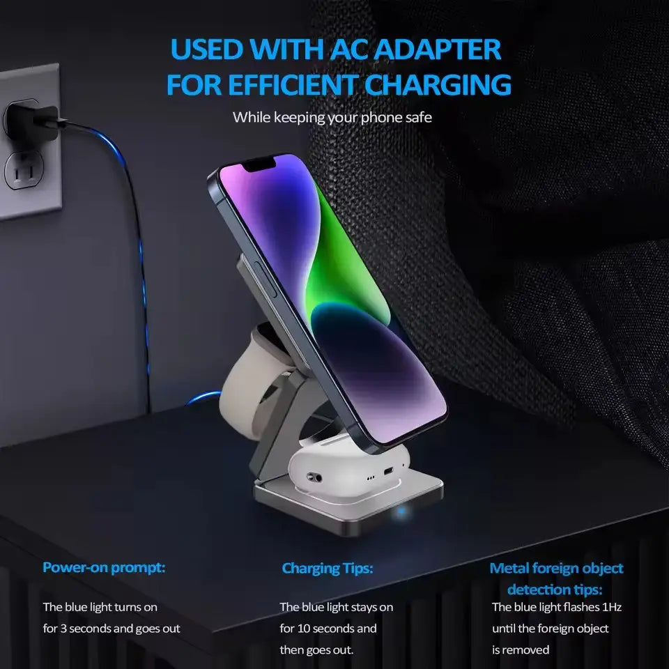 Trådløs opladning om natten med blå LED og AC adapter