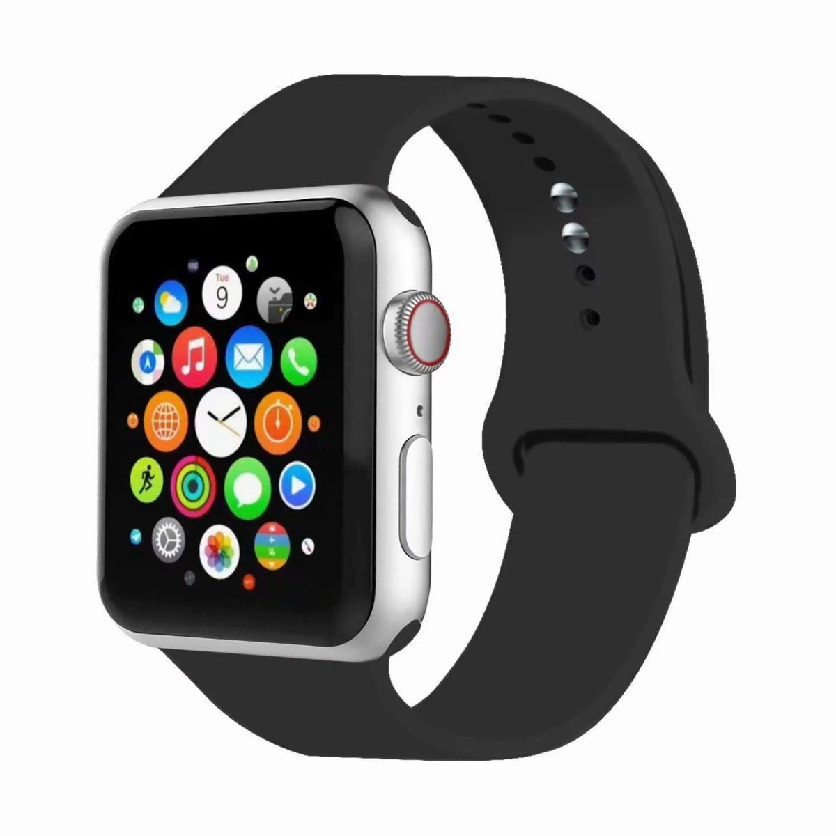Sort sportsrem til Apple Watch – silikone, monteret på ur, set forfra