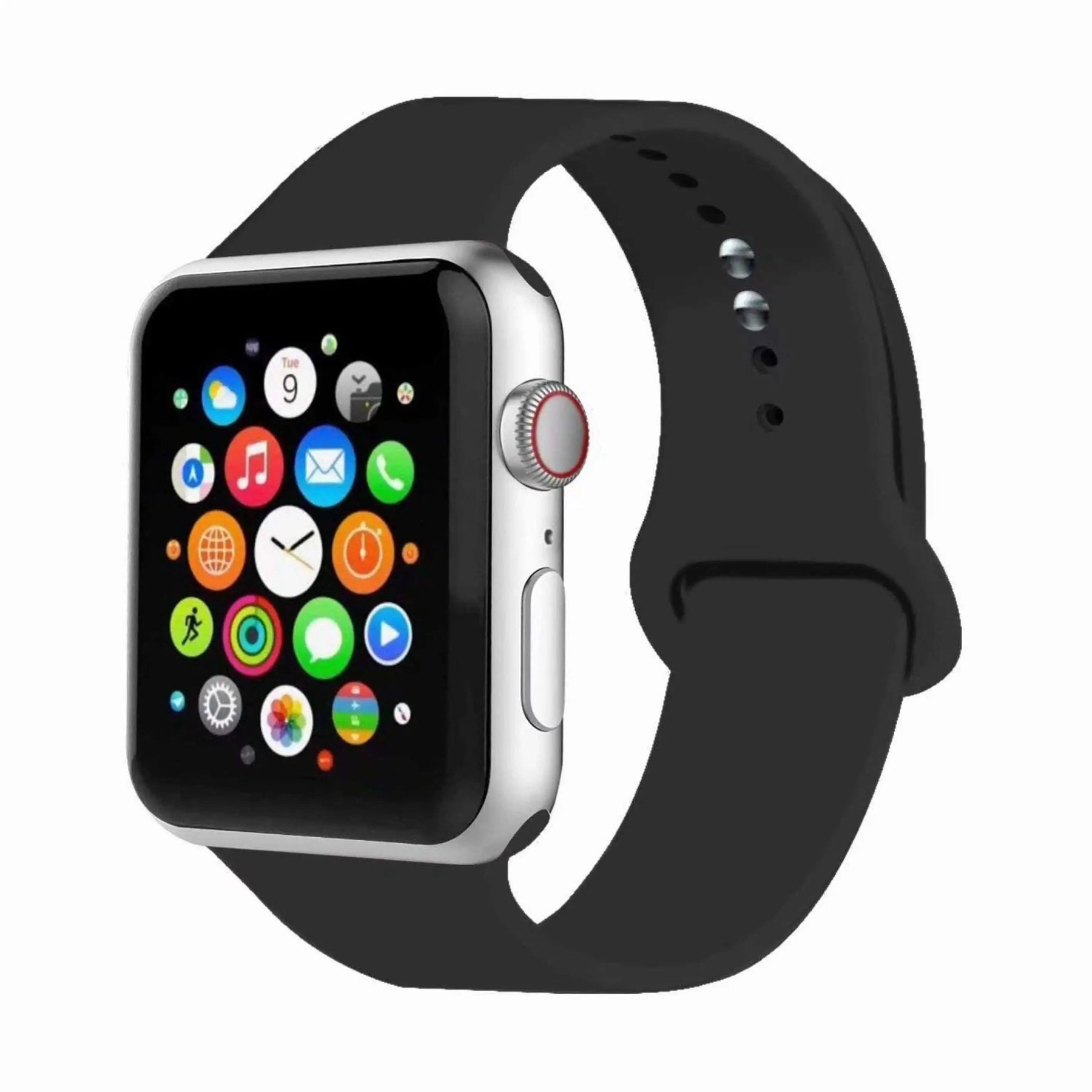 Sort sportsrem til Apple Watch – silikone, monteret på ur, set forfra