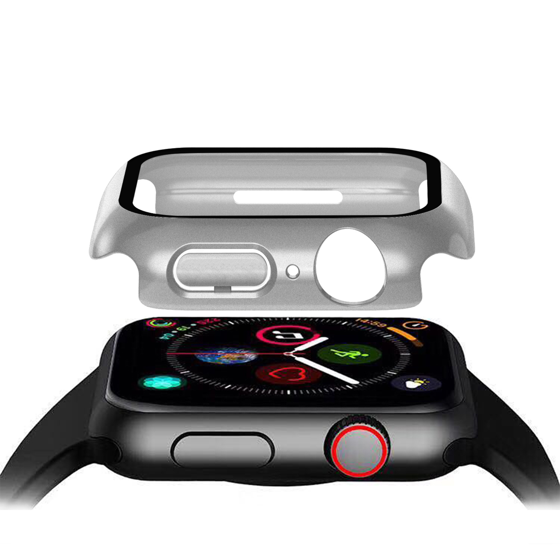 Sort cover case monteret forfra på Apple Watch – optimal beskyttelse uden at dække skærmen