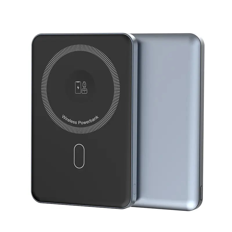 Produktfoto af 3-i-1 trådløs powerbank – MagSafe-kompatibel og sort/sølv design