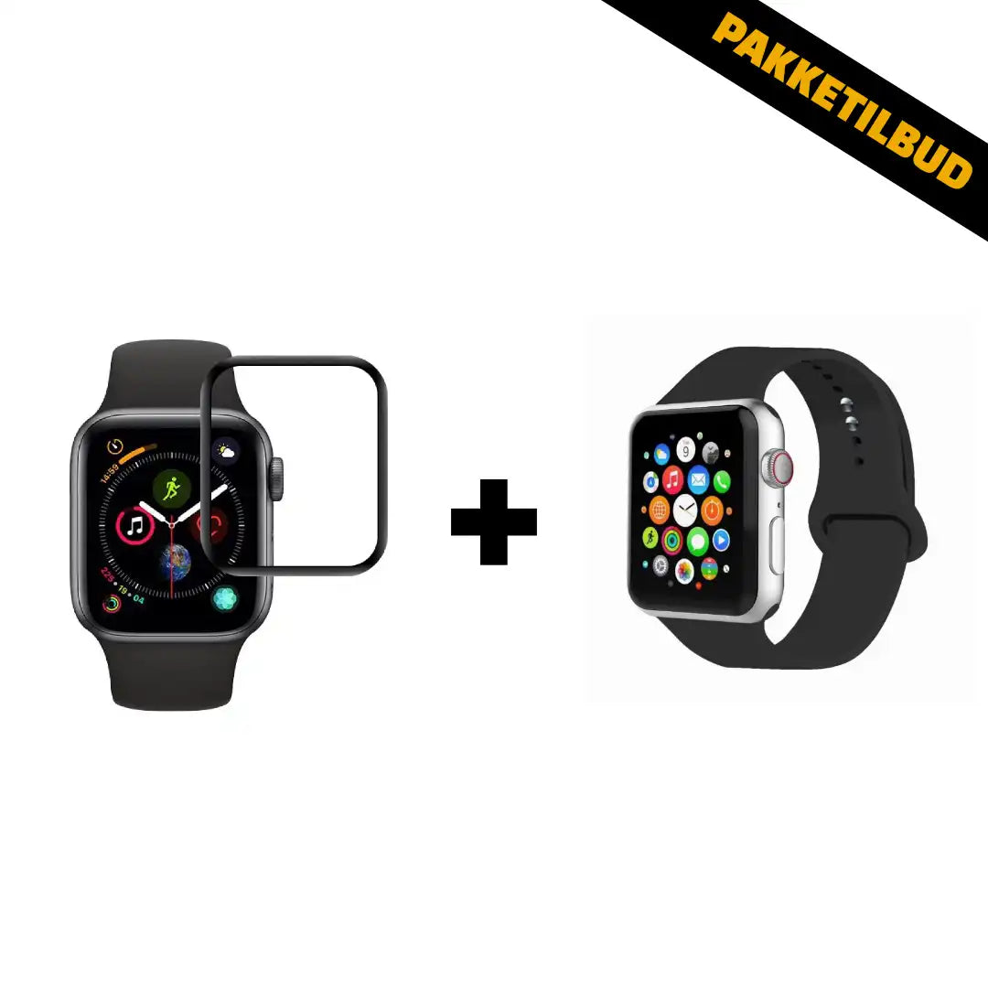Standardpakke til Apple Watch med skærmbeskyttelse og sort sportsrem