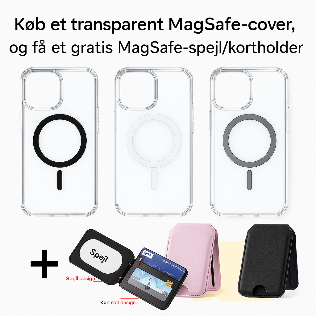 Transparent MagSafe Cover til iPhone + GRATIS! Magsafe spejl/kortholder