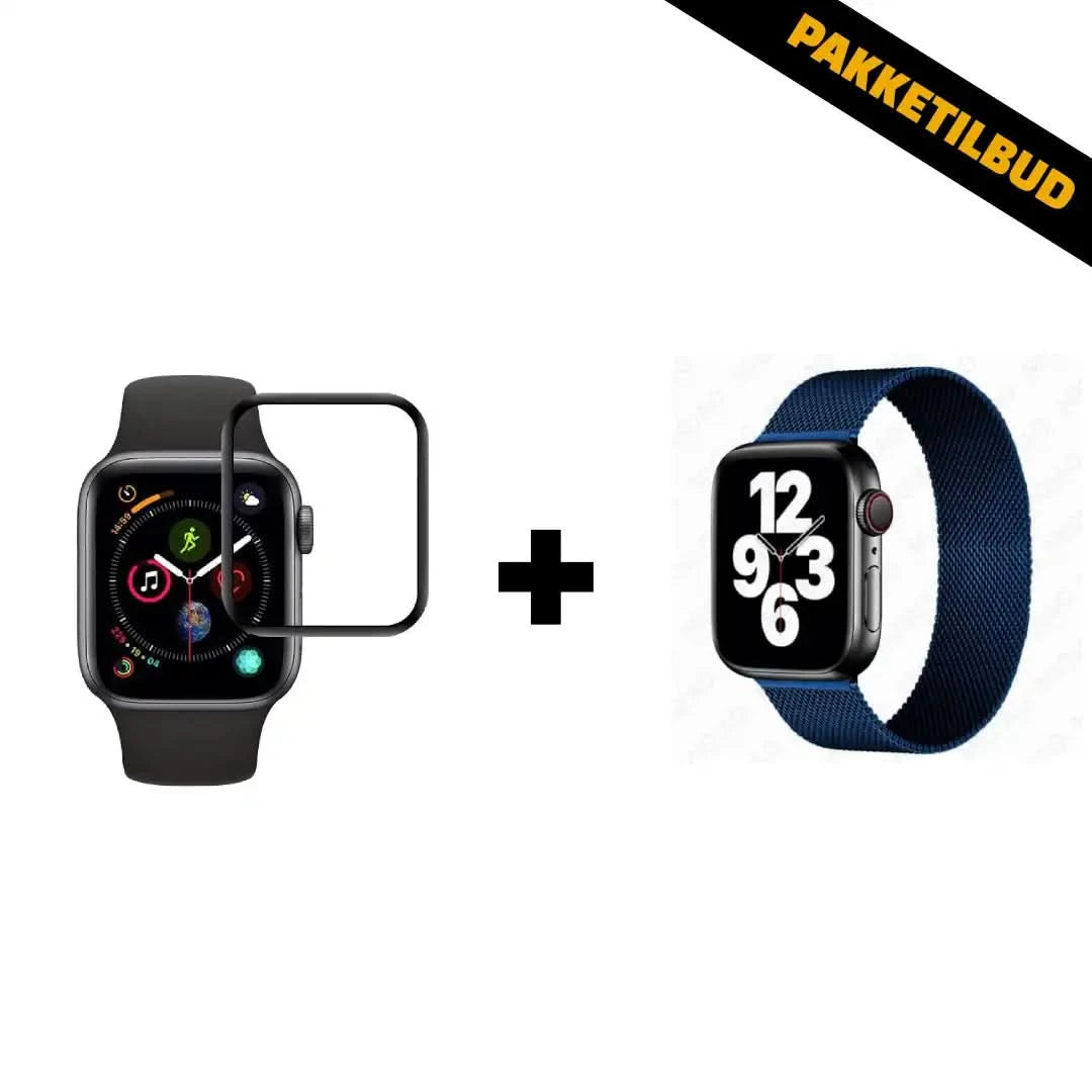 Plus Pakke til Apple Watch med blå stålrem og skærmbeskyttelse