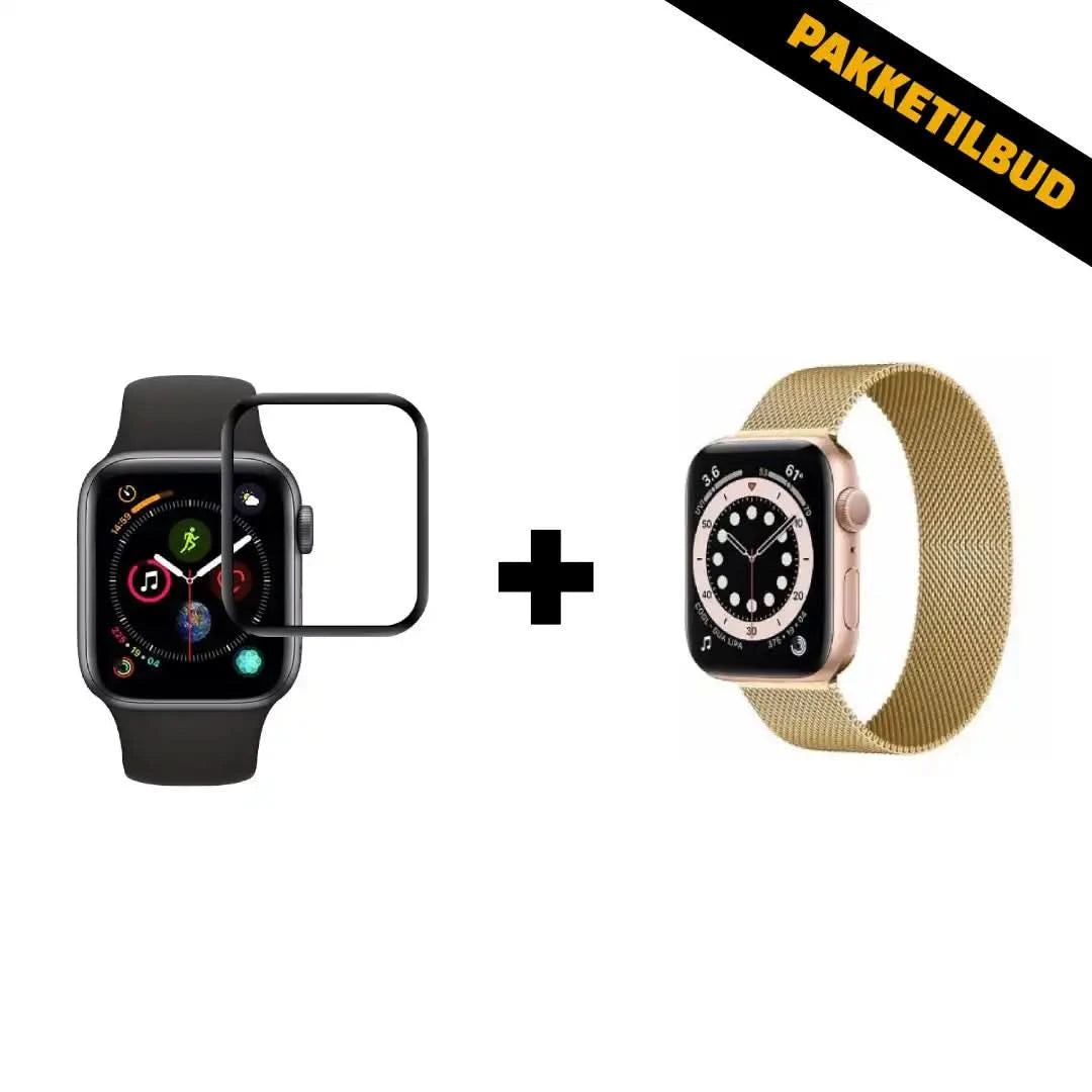 Plus Pakke til Apple Watch med guld stålrem og skærmbeskyttelse