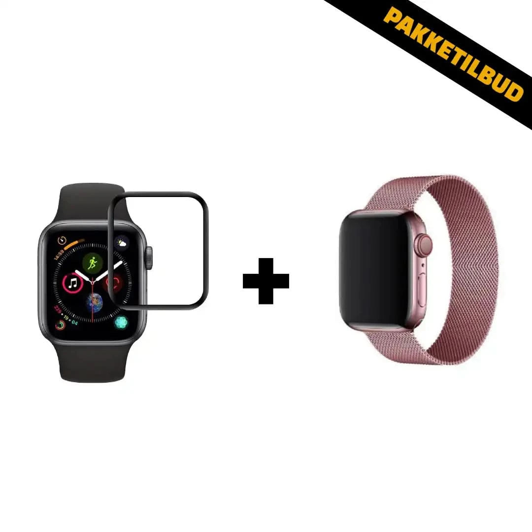 Plus Pakke til Apple Watch med rosa stålrem og skærmbeskyttelse