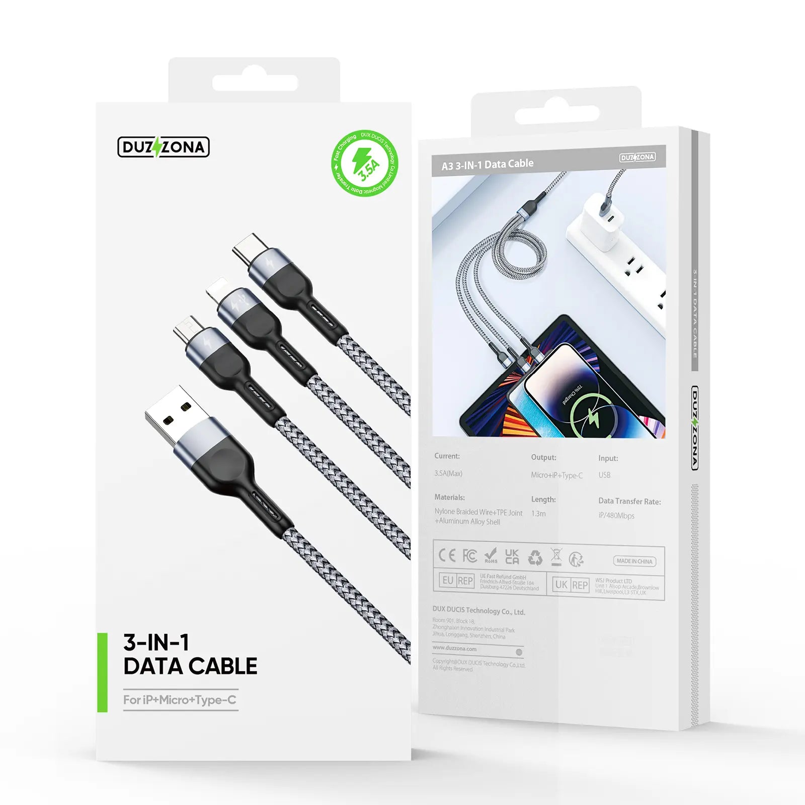 Duzzona 3-i-1 datakabel i emballage – visning af stik og specifikationer
