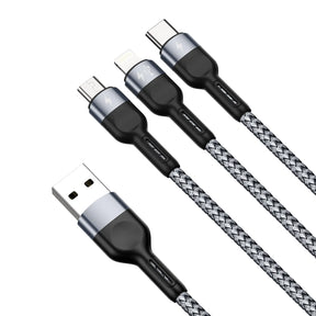 Duzzona 3-i-1 kabel – USB-A til Lightning, Micro USB og USB-C set fra siden