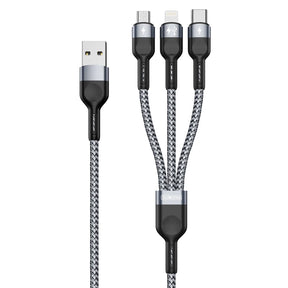 Duzzona 3-i-1 kabel med USB-A input og tre udgange: USB-C, Lightning og Micro