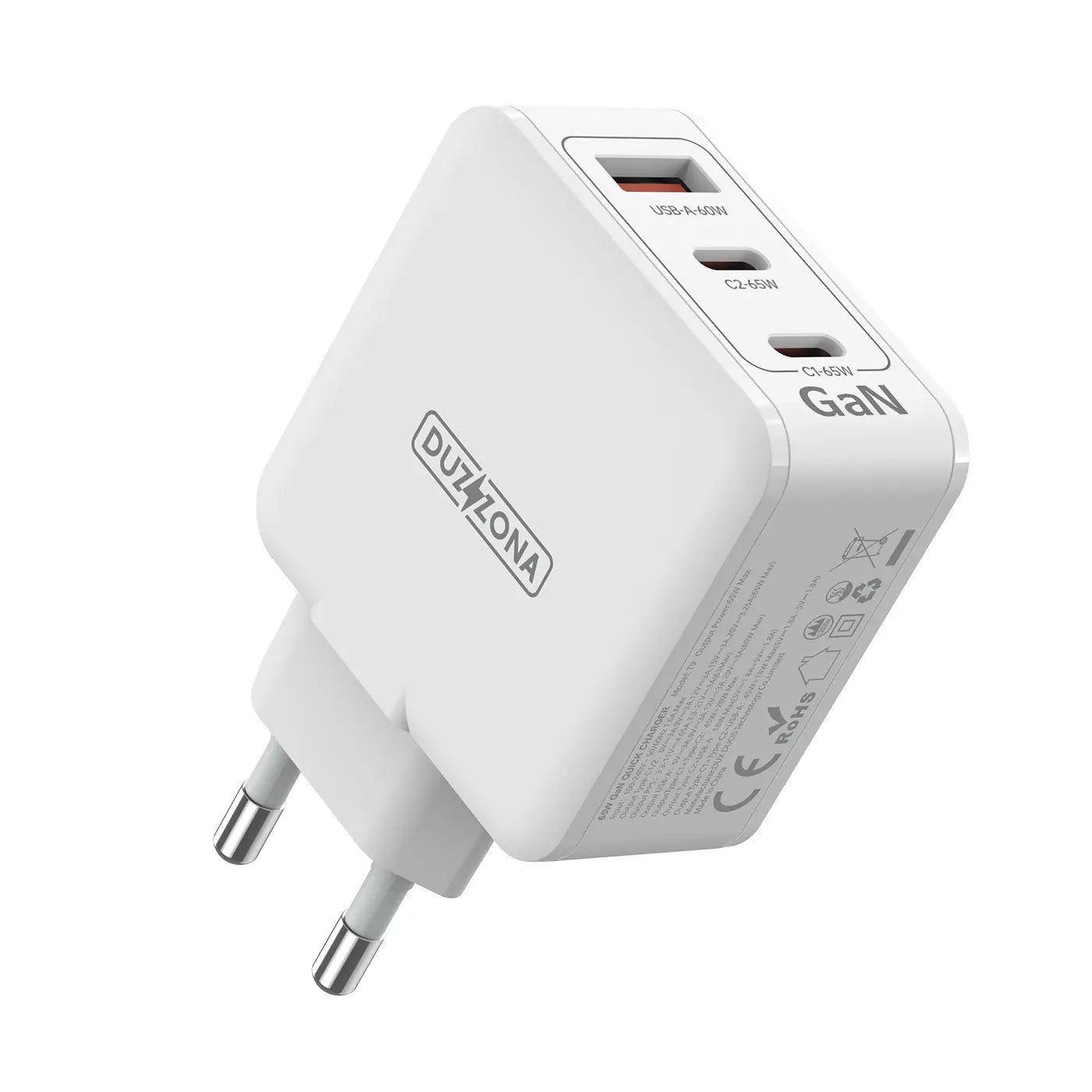 Nærbillede af Duzzona 65W oplader med USB-C og USB-A
