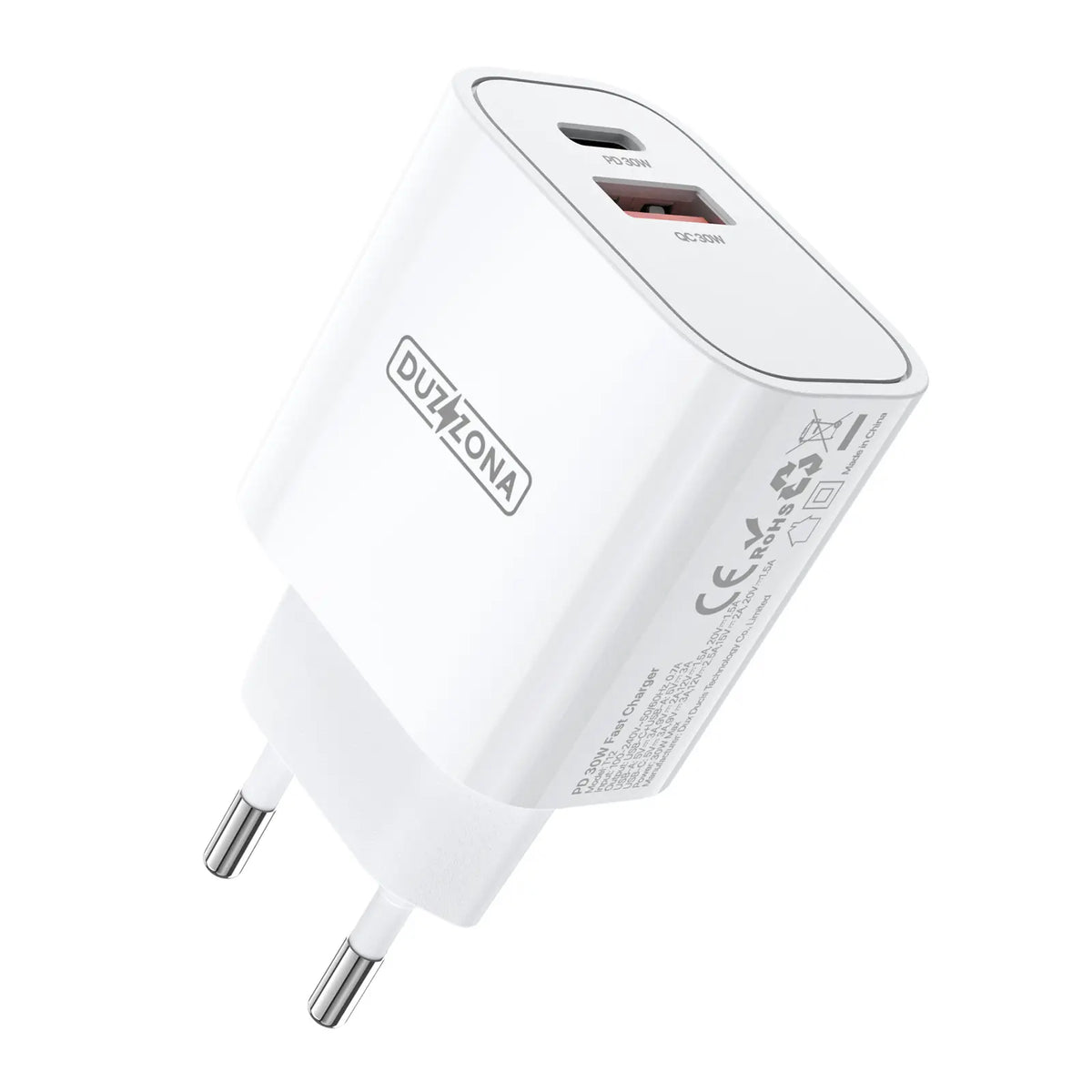 Nærbillede af Duzzona PD 30W Quick Adapter med tydelig visning af PD og QC porte
