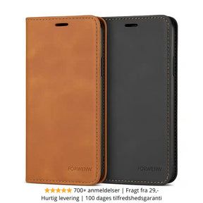 Magnetisk flip cover til iPhone i brun og sort læderlook med trust badge, 700+ anmeldelser, hurtig levering og 100 dages tilfredshedsgaranti