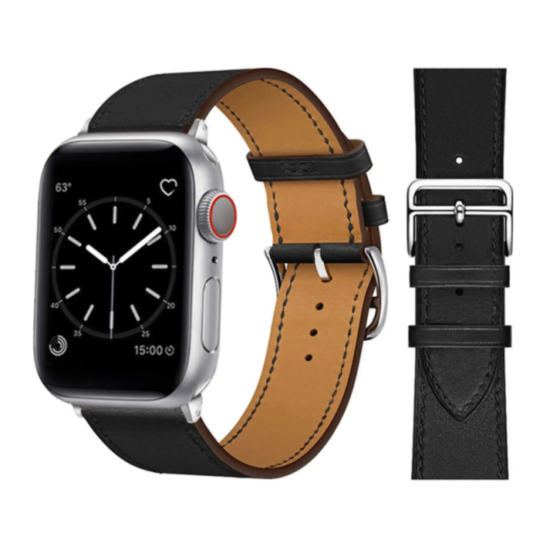 Sort læderrem til Apple Watch – imiteret læder monteret på ur, set forfra

