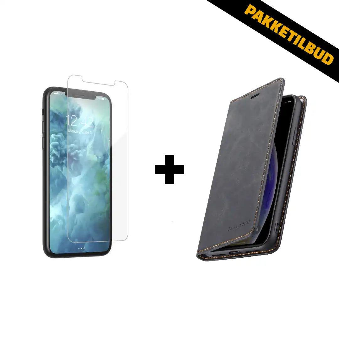 Sort magnetisk flip cover til iPhone – pakketilbud med ekstra beskyttelse