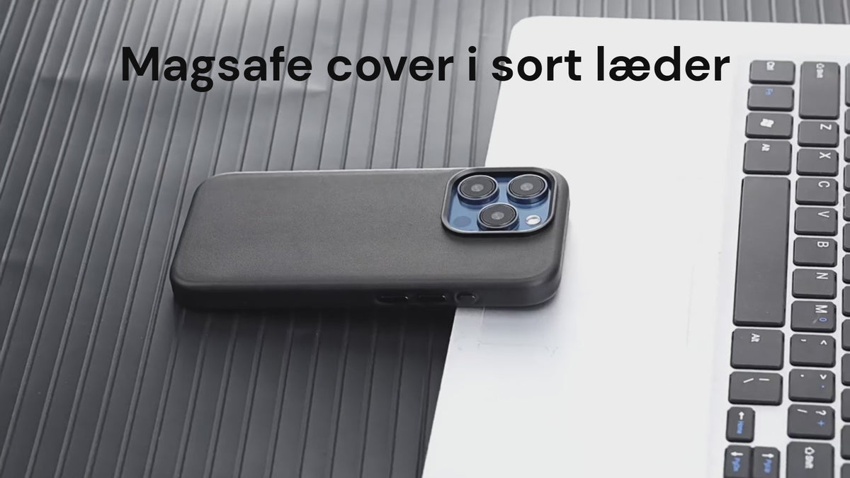 Læder magsafe cover i sort, vises i forskellige funktioner