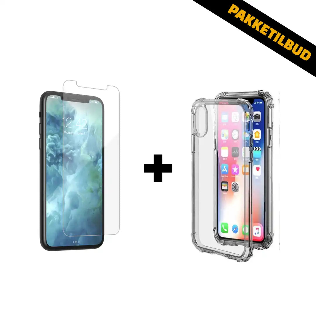 Standardpakke til iPhone – transparent skærmbeskyttelse og gennemsigtigt silikonecover, pakketilbud