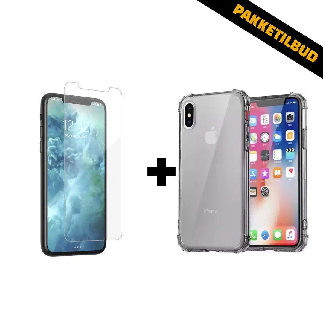Standardpakke til iPhone – transparent skærmbeskyttelse og grå silikonecover, pakketilbud