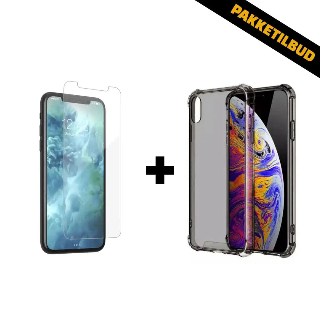 Standardpakke til iPhone – transparent skærmbeskyttelse og sort silikonecover, pakketilbud