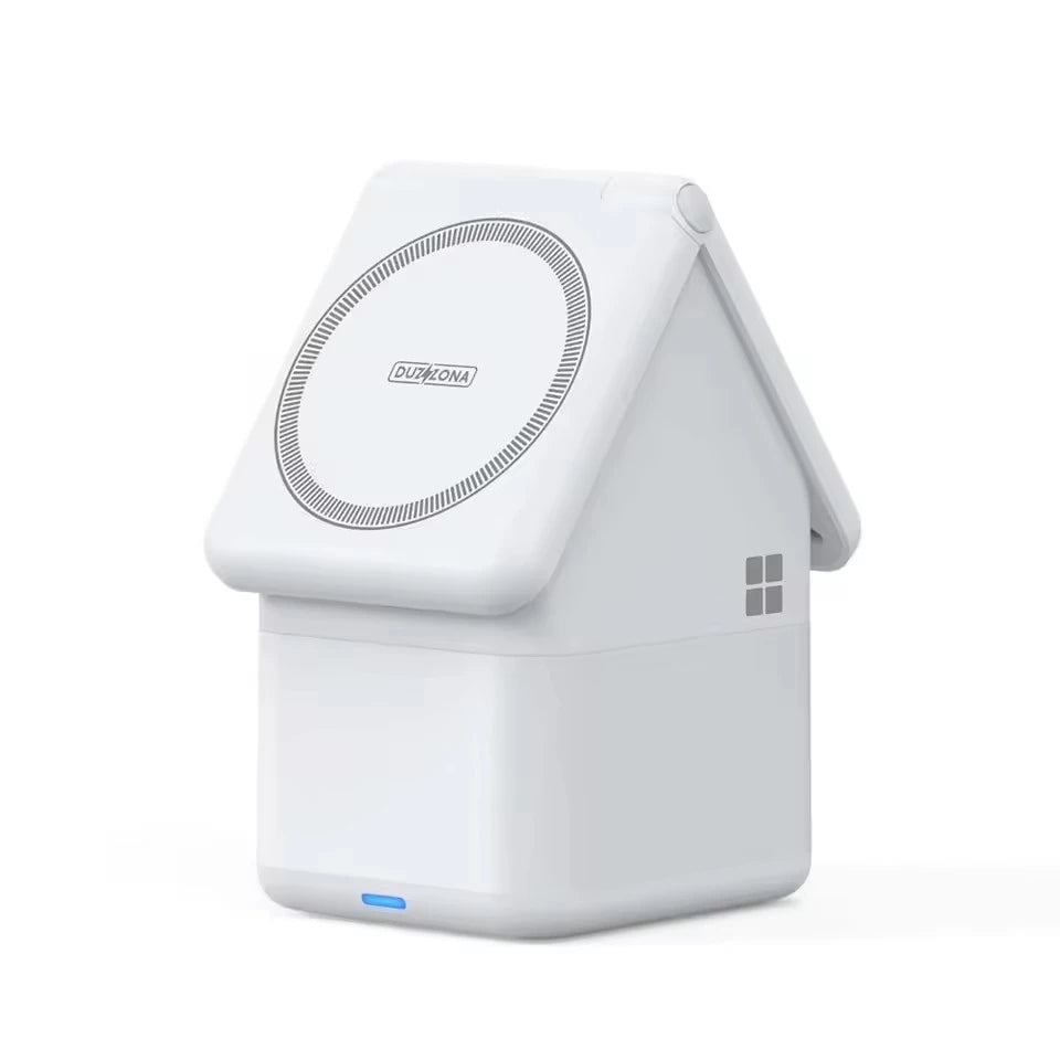 Stilrent 4-i-1 trådløs oplader hus i hvid – elegant design og multifunktionel opladning.