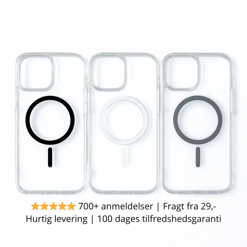 Transparent MagSafe cover til iPhone – vises i sort, hvid og grå MagSafe ring med 700+ anmeldelser, hurtig levering og 100 dages tilfredshedsgaranti.