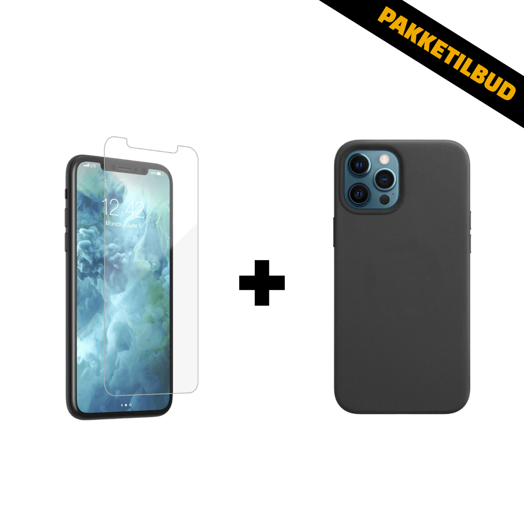 Pakke med lædercover og skærmbeskyttelse til iPhone