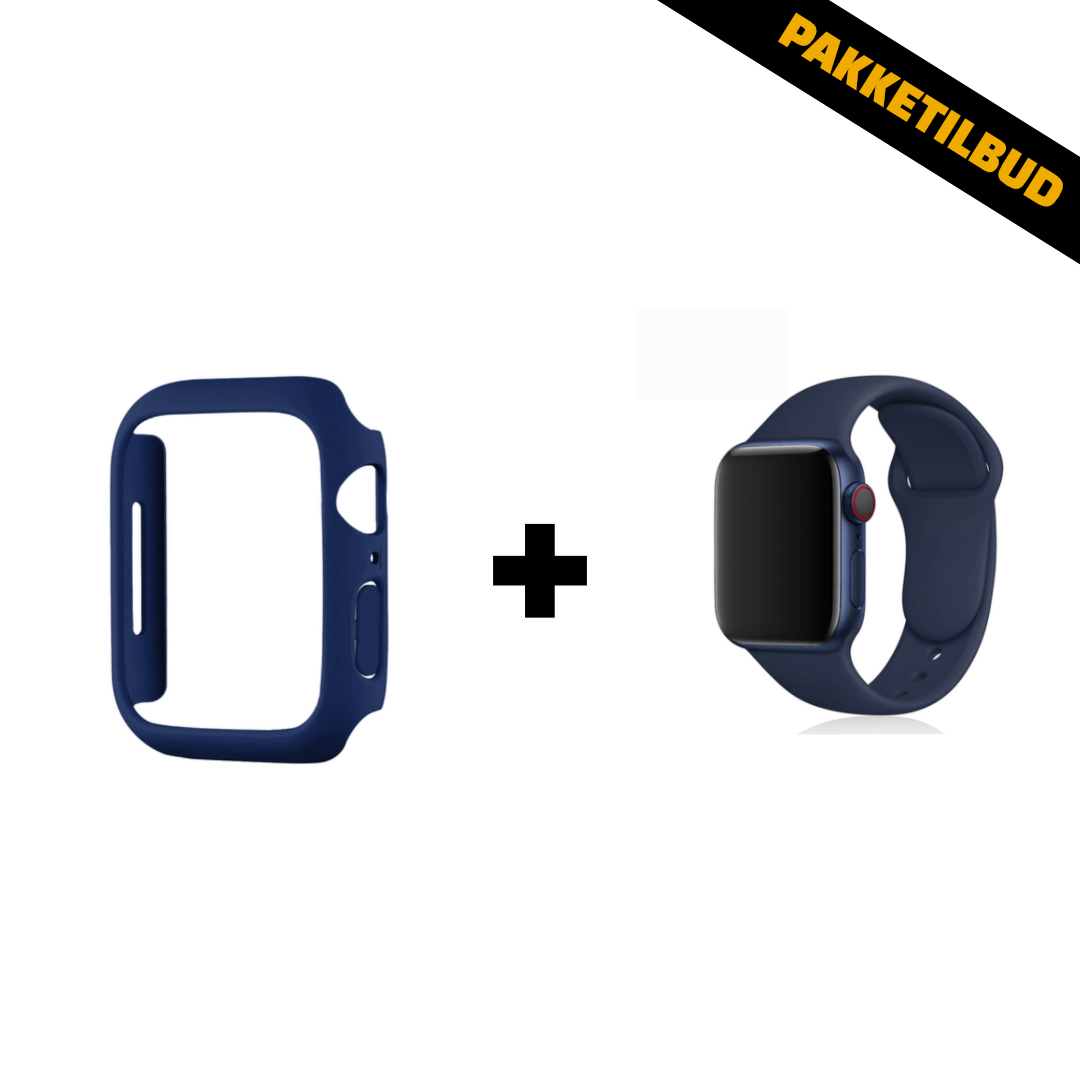 Pakke med blå sportsrem og cover case til Apple Watch