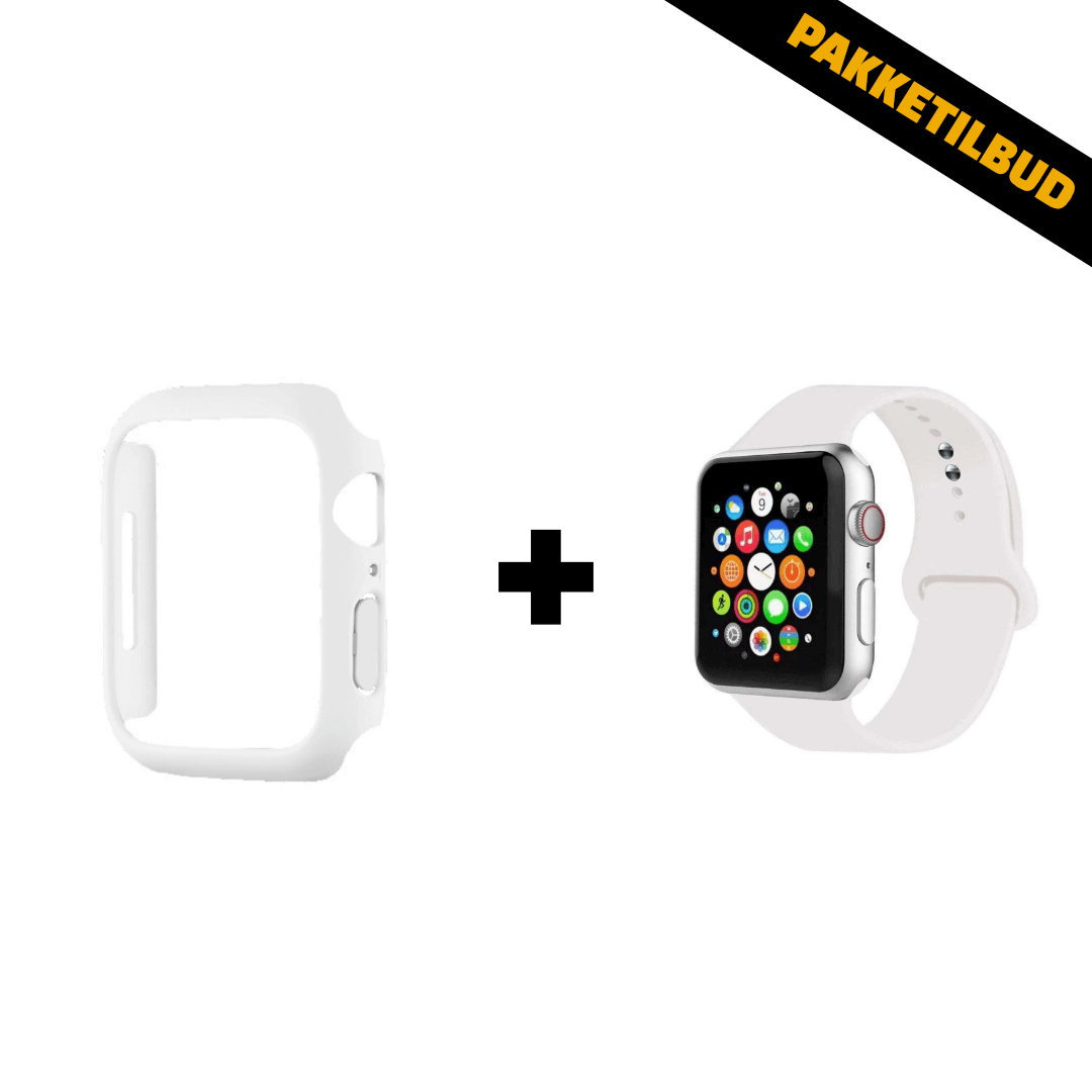 Pakke med hvid sportsrem og cover case til Apple Watch