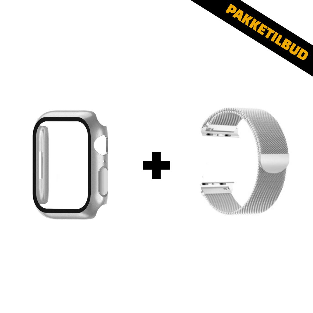 Apple Watch pakkeløsning med hvidt cover og sølv stålrem