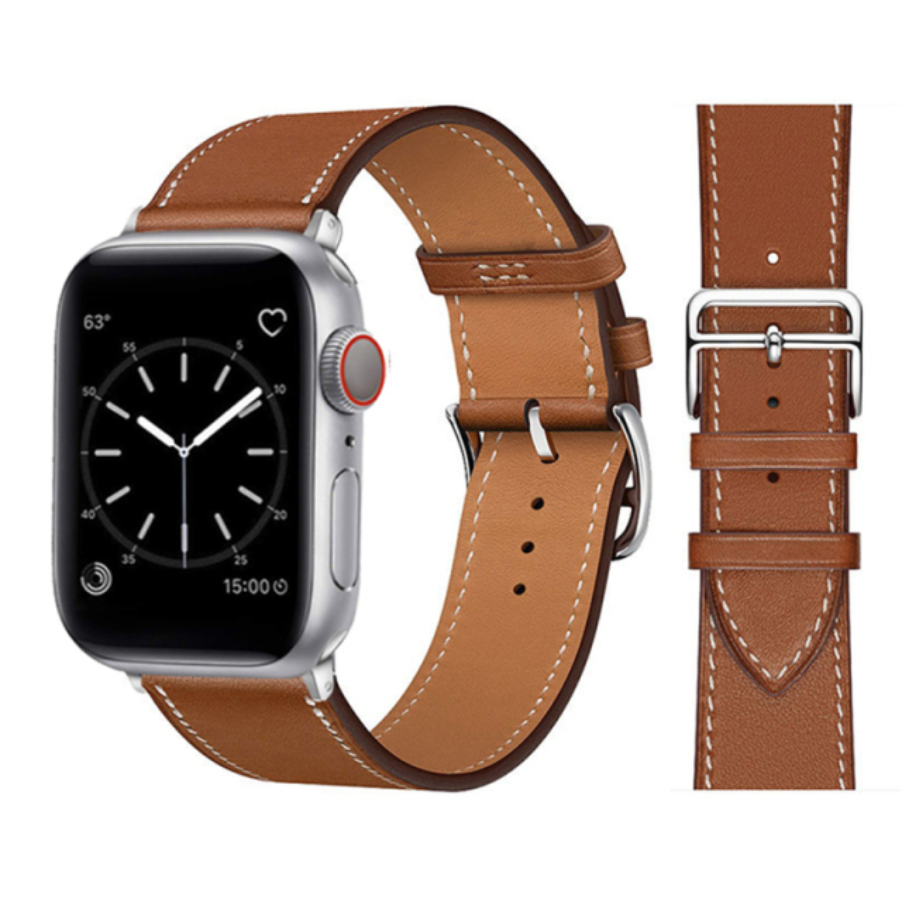 Brun læderrem til Apple Watch – imiteret læder monteret på ur, set forfra