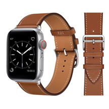 Brun læderrem til Apple Watch – imiteret læder monteret på ur, set forfra